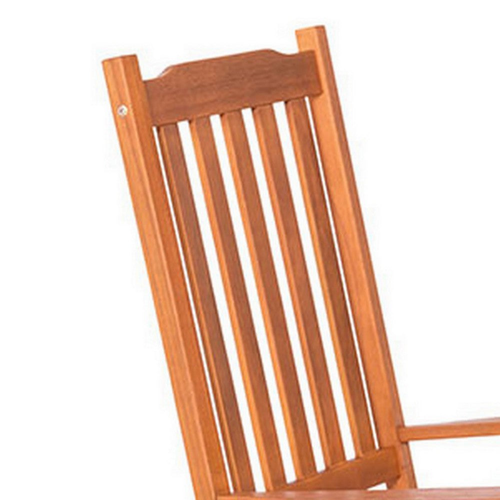 Benjara 33 Inch Outdoor Rocking Chair, Natural Brown Wood, Slatted, Wide Armrests