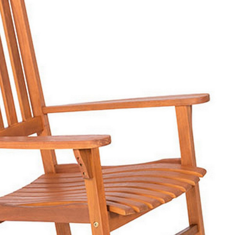 Benjara 33 Inch Outdoor Rocking Chair, Natural Brown Wood, Slatted, Wide Armrests