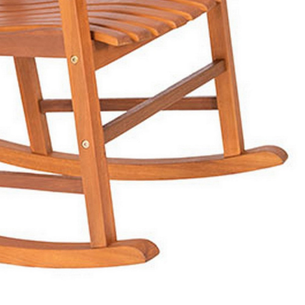 Benjara 33 Inch Outdoor Rocking Chair, Natural Brown Wood, Slatted, Wide Armrests
