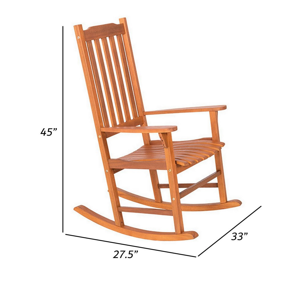 Benjara 33 Inch Outdoor Rocking Chair, Natural Brown Wood, Slatted, Wide Armrests