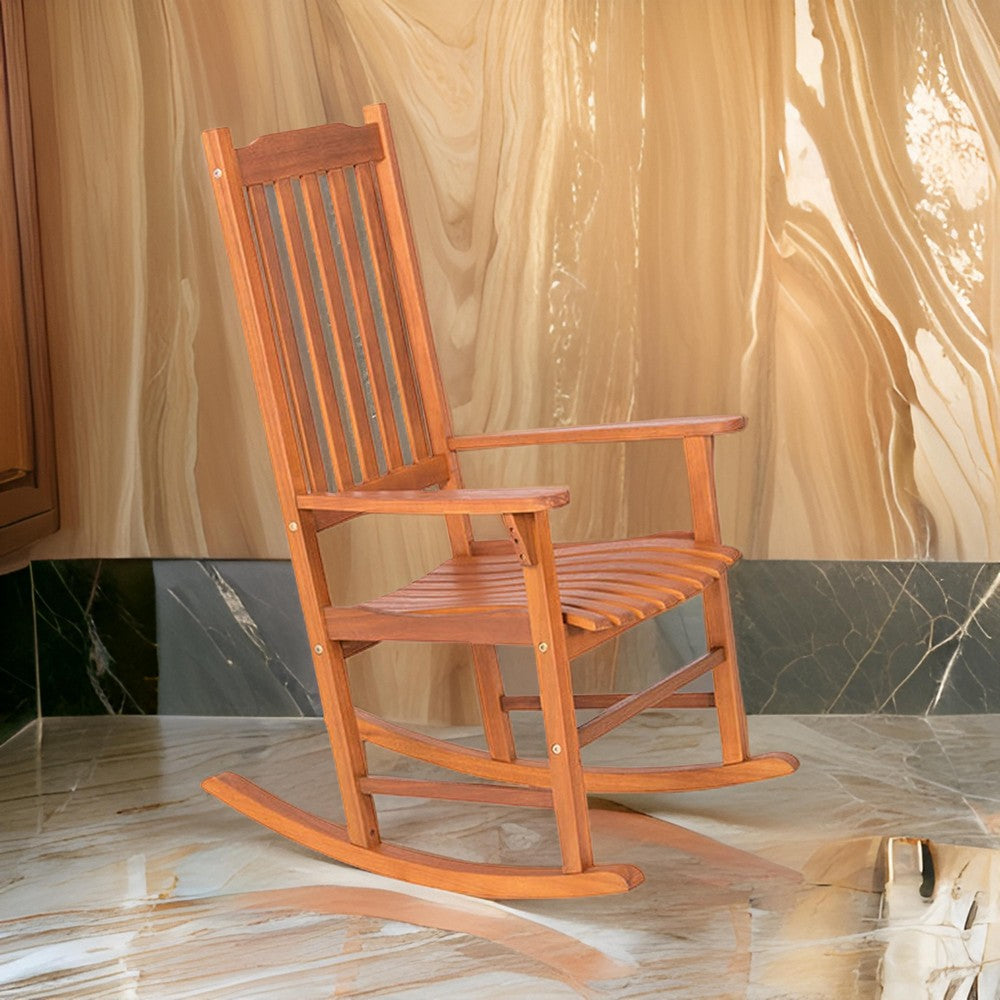 Benjara 33 Inch Outdoor Rocking Chair, Natural Brown Wood, Slatted, Wide Armrests
