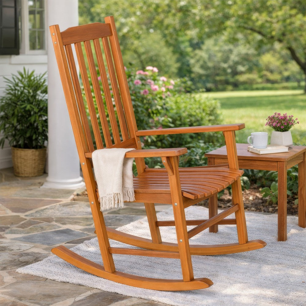 Benjara 33 Inch Outdoor Rocking Chair, Natural Brown Wood, Slatted, Wide Armrests