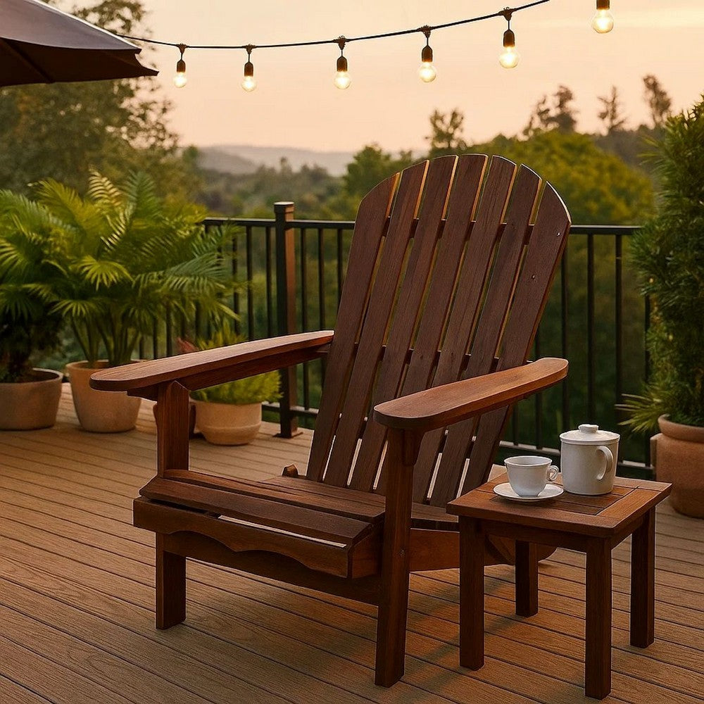 Benjara 34 Inch Outdoor Adirondack Chair, Dark Brown Wood, Wide Armrests
