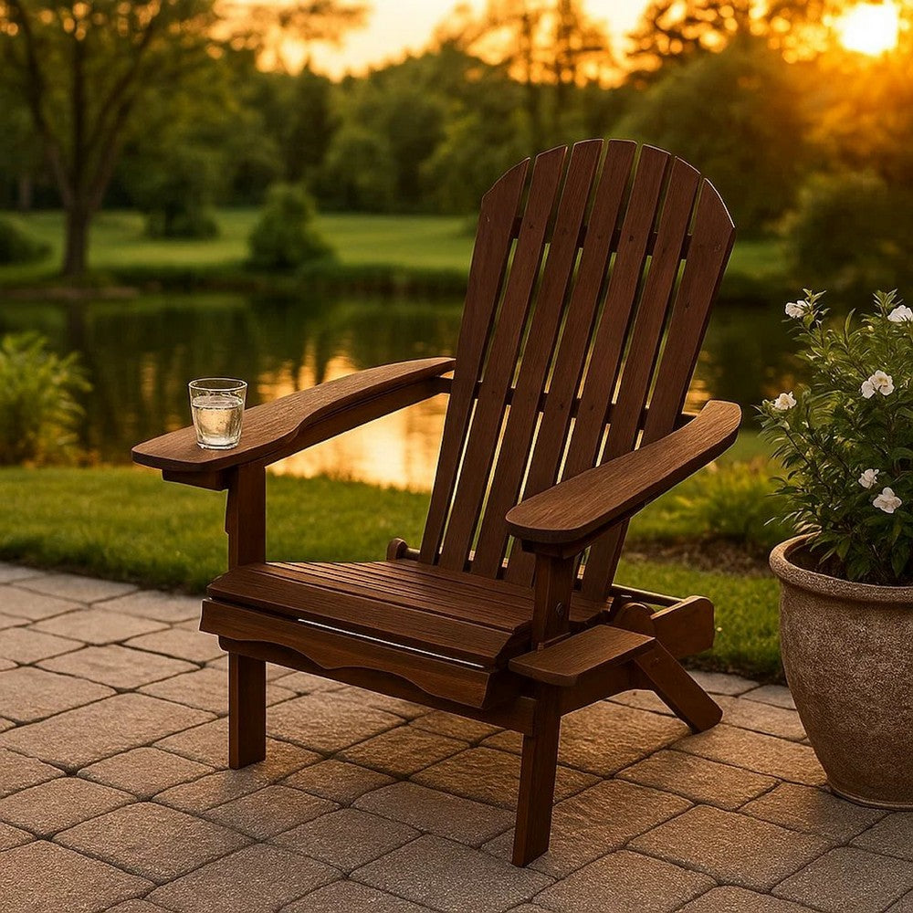 Benjara 34 Inch Outdoor Adirondack Chair, Dark Brown Wood, Wide Armrests