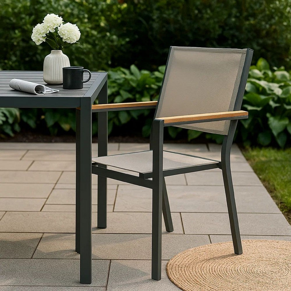 Benjara Ankia 23 Inch Outdoor Armchair, Wood, Strong Aluminium Frame, Gray, Brown