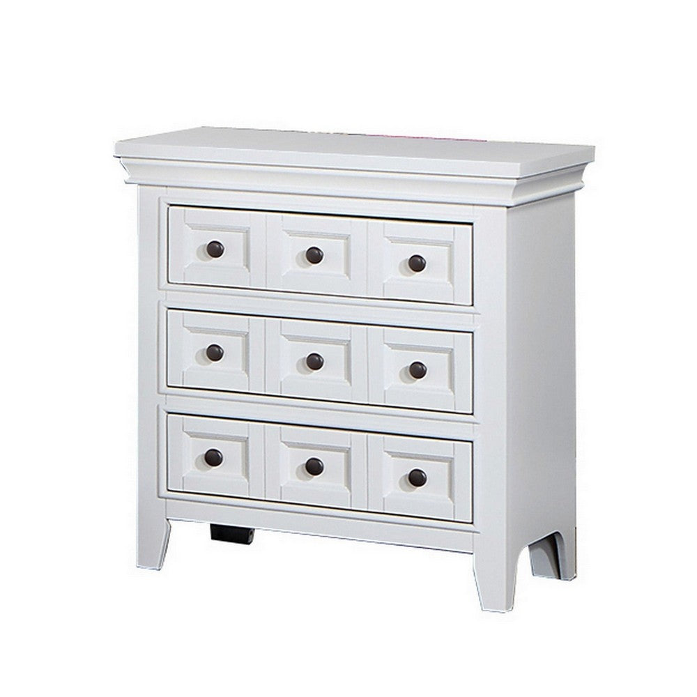 Benjara Cile 26 Inch Nightstand, 3 Panel Drawers, White Wood, Round Nickel Handles