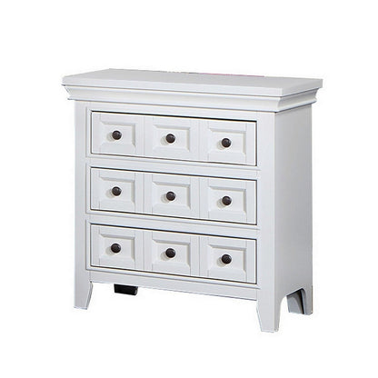 Benjara Cile 26 Inch Nightstand, 3 Panel Drawers, White Wood, Round Nickel Handles