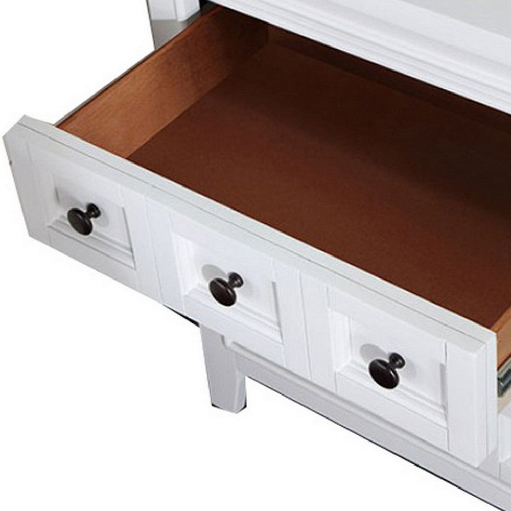 Benjara Cile 26 Inch Nightstand, 3 Panel Drawers, White Wood, Round Nickel Handles