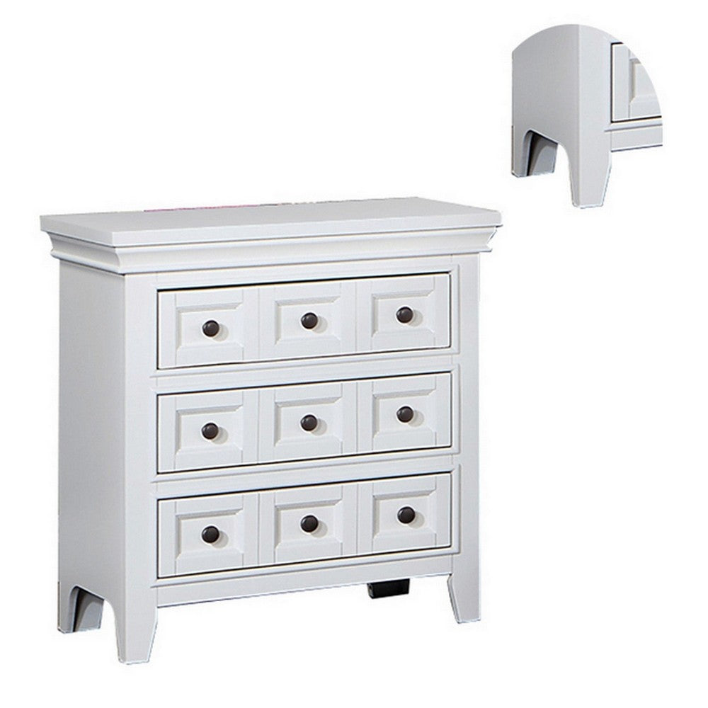 Benjara Cile 26 Inch Nightstand, 3 Panel Drawers, White Wood, Round Nickel Handles