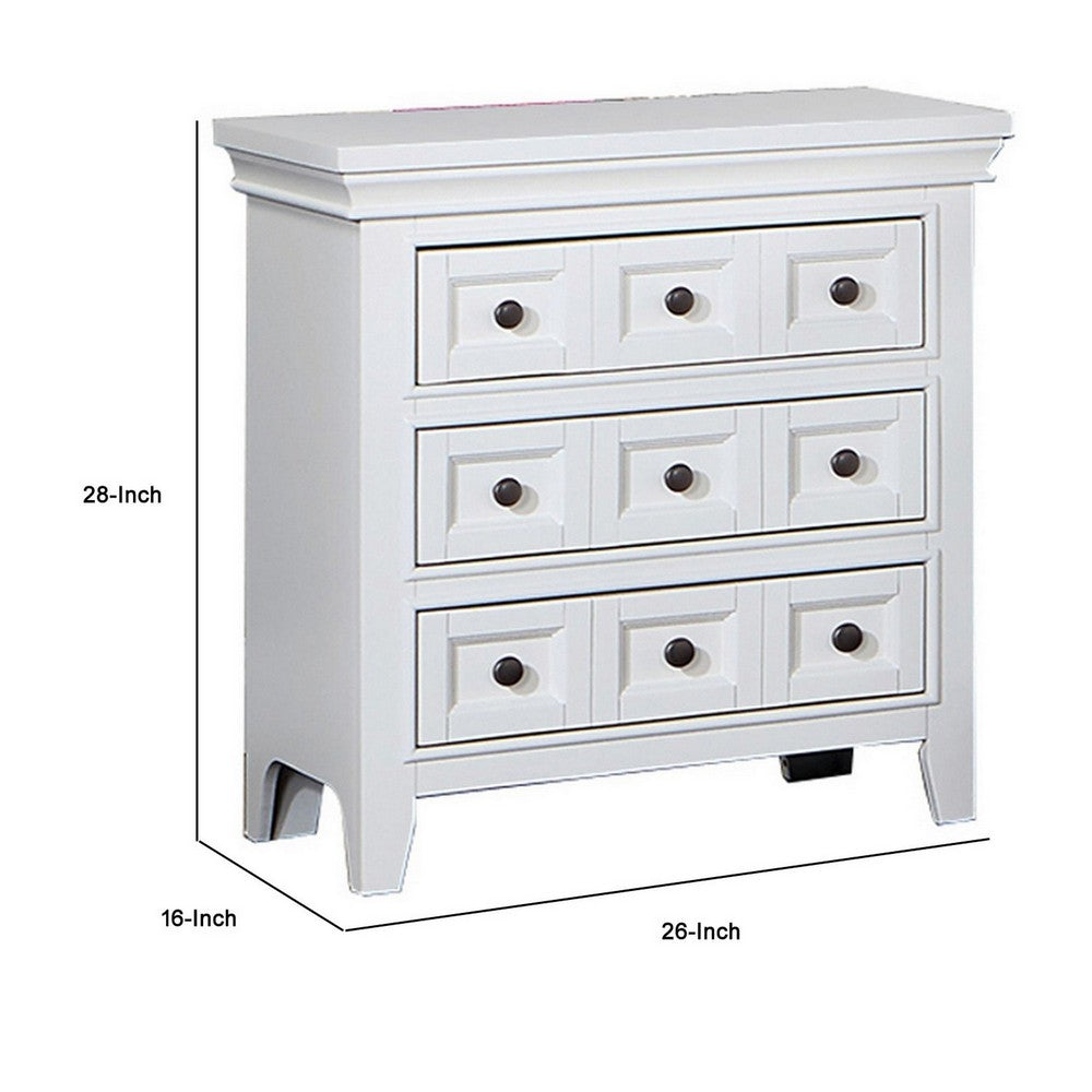 Benjara Cile 26 Inch Nightstand, 3 Panel Drawers, White Wood, Round Nickel Handles