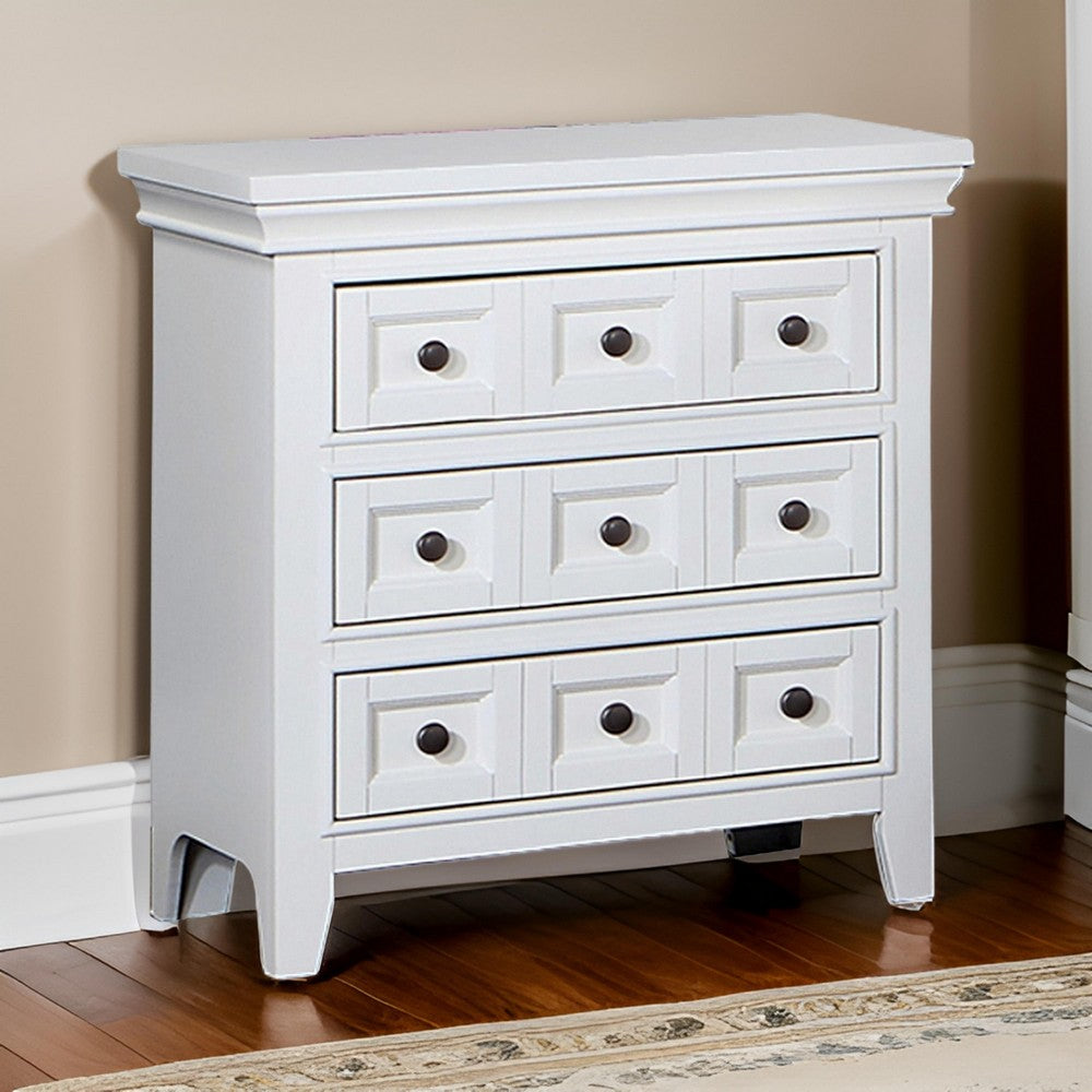 Benjara Cile 26 Inch Nightstand, 3 Panel Drawers, White Wood, Round Nickel Handles