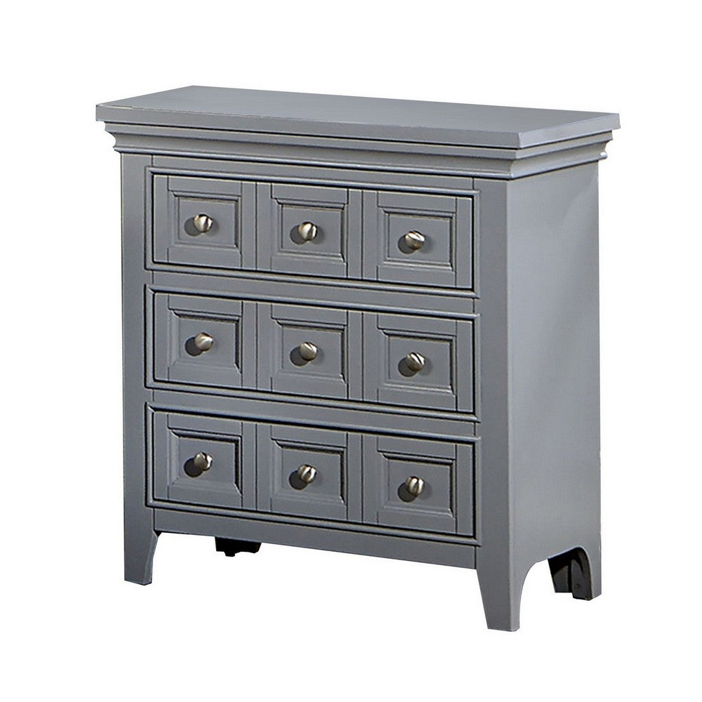 Benjara Cile 26 Inch Nightstand, 3 Panel Drawers, Gray Wood, Round Nickel Handles