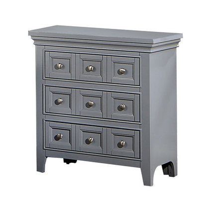 Benjara Cile 26 Inch Nightstand, 3 Panel Drawers, Gray Wood, Round Nickel Handles