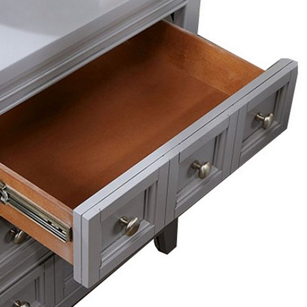 Benjara Cile 26 Inch Nightstand, 3 Panel Drawers, Gray Wood, Round Nickel Handles