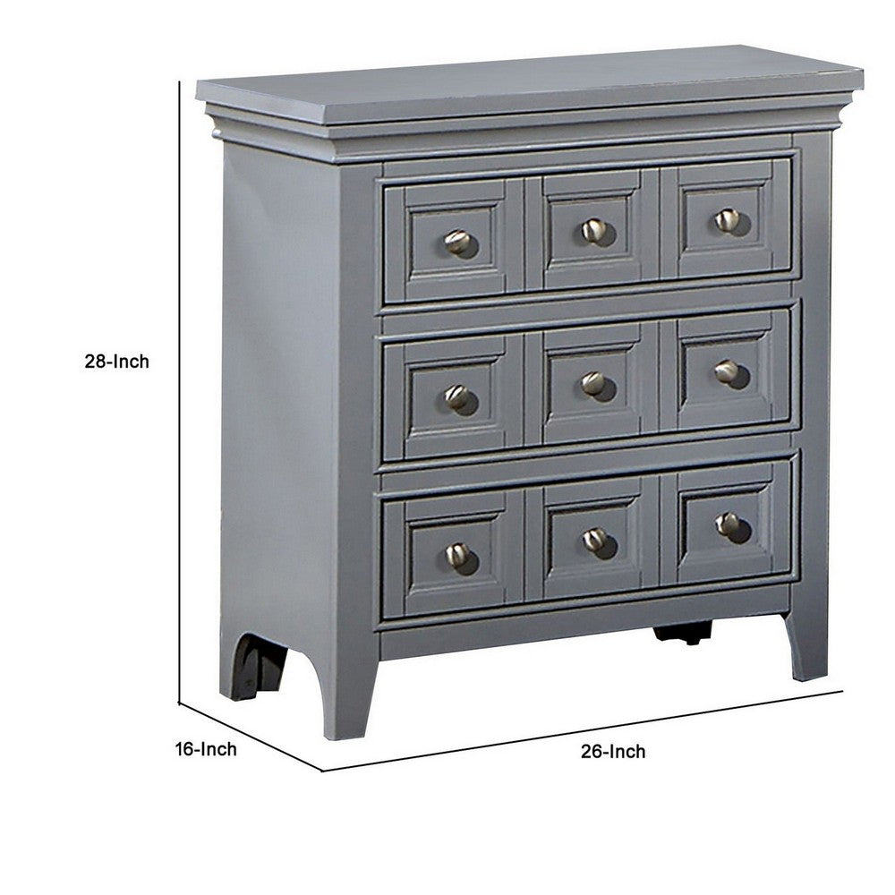 Benjara Cile 26 Inch Nightstand, 3 Panel Drawers, Gray Wood, Round Nickel Handles