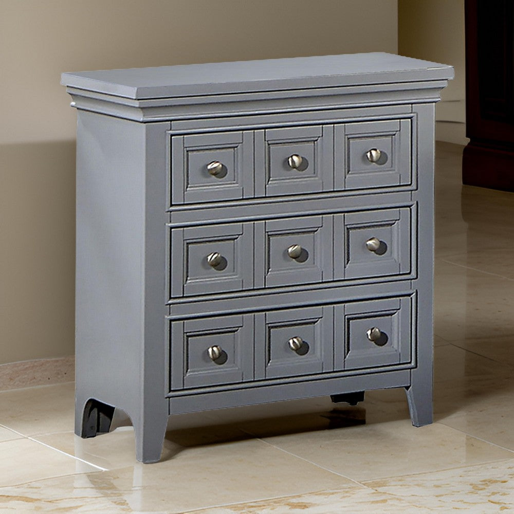 Benjara Cile 26 Inch Nightstand, 3 Panel Drawers, Gray Wood, Round Nickel Handles