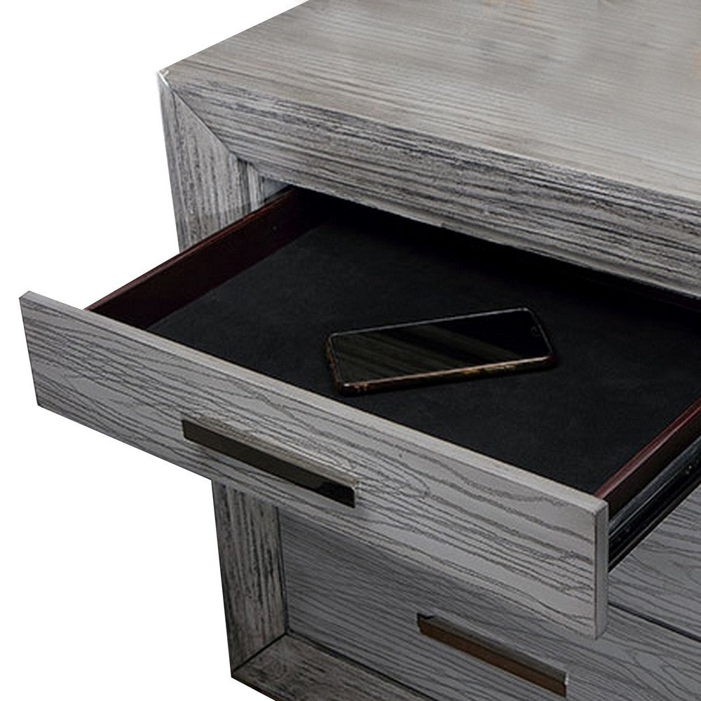 Benjara Reno 27 Inch Nightstand, Brushed Gray Wood, Chrome Bracket Legs, USB Ports