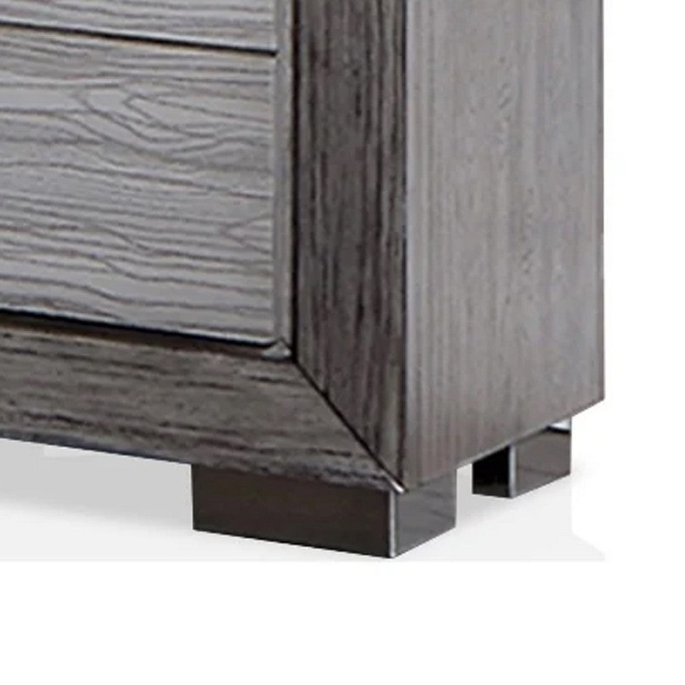 Benjara Reno 27 Inch Nightstand, Brushed Gray Wood, Chrome Bracket Legs, USB Ports