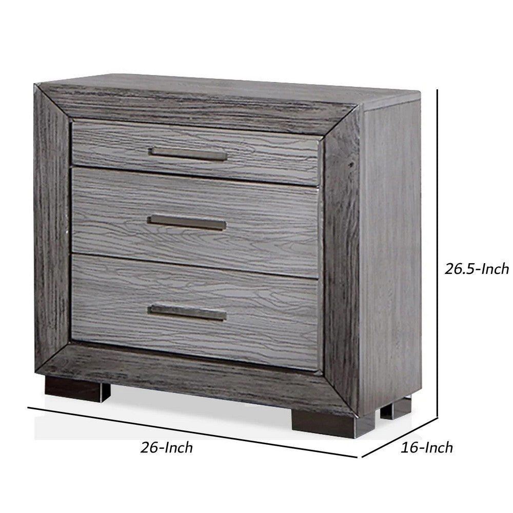 Benjara Reno 27 Inch Nightstand, Brushed Gray Wood, Chrome Bracket Legs, USB Ports