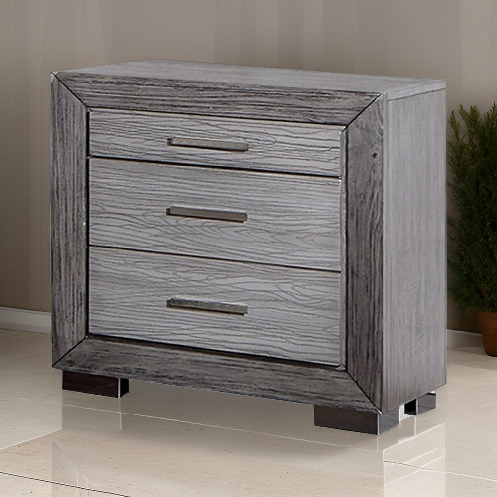Benjara Reno 27 Inch Nightstand, Brushed Gray Wood, Chrome Bracket Legs, USB Ports