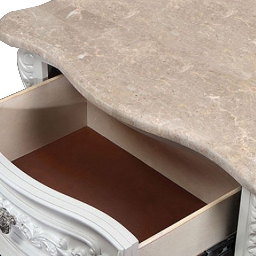 Benjara Nero 30 Inch Nightstand, 2 Drawers, Marble Surface, Carved Details, White
