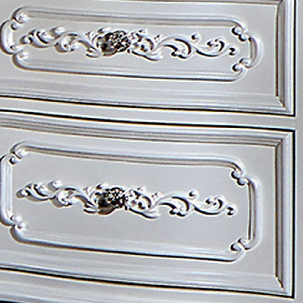 Benjara Nero 30 Inch Nightstand, 2 Drawers, Marble Surface, Carved Details, White