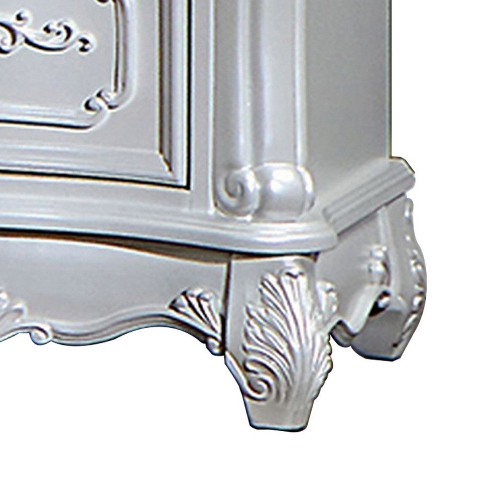 Benjara Nero 30 Inch Nightstand, 2 Drawers, Marble Surface, Carved Details, White