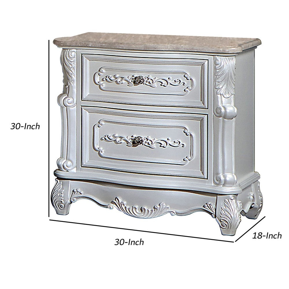 Benjara Nero 30 Inch Nightstand, 2 Drawers, Marble Surface, Carved Details, White