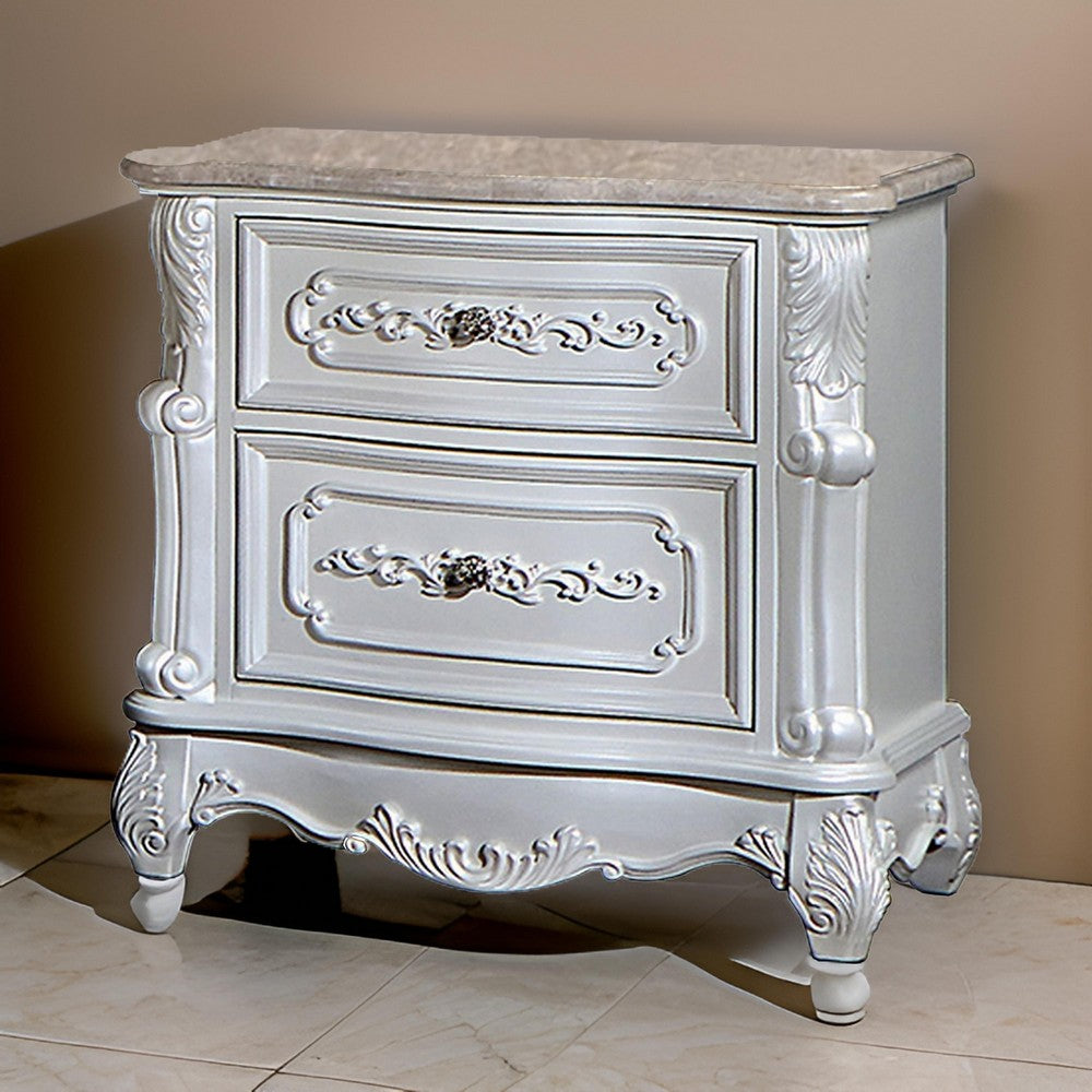 Benjara Nero 30 Inch Nightstand, 2 Drawers, Marble Surface, Carved Details, White
