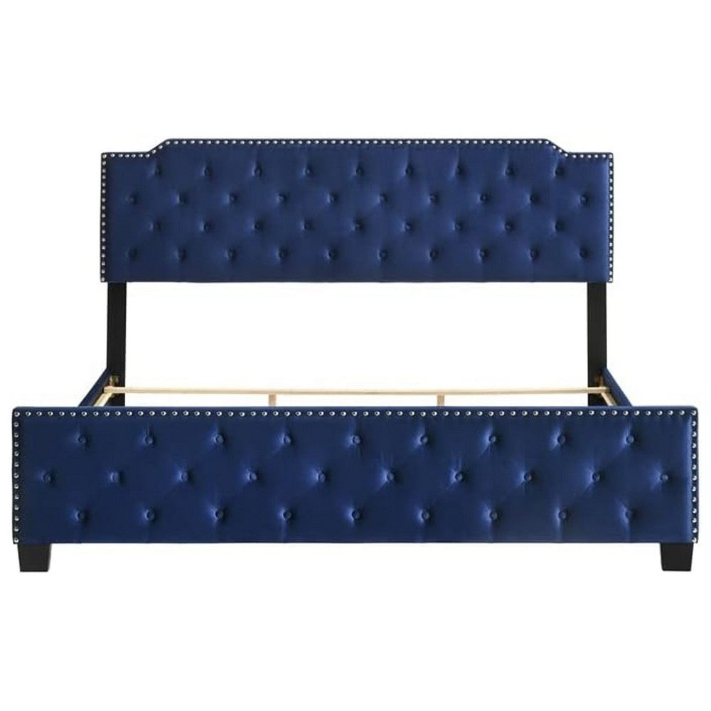 Benjara Agapi King Size Bed, Button Tufted, Nailhead Trim, Blue Fabric Upholstery