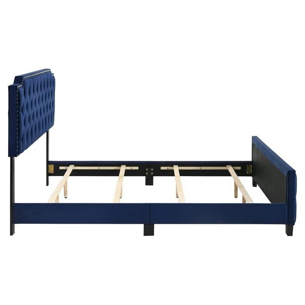 Benjara Agapi King Size Bed, Button Tufted, Nailhead Trim, Blue Fabric Upholstery