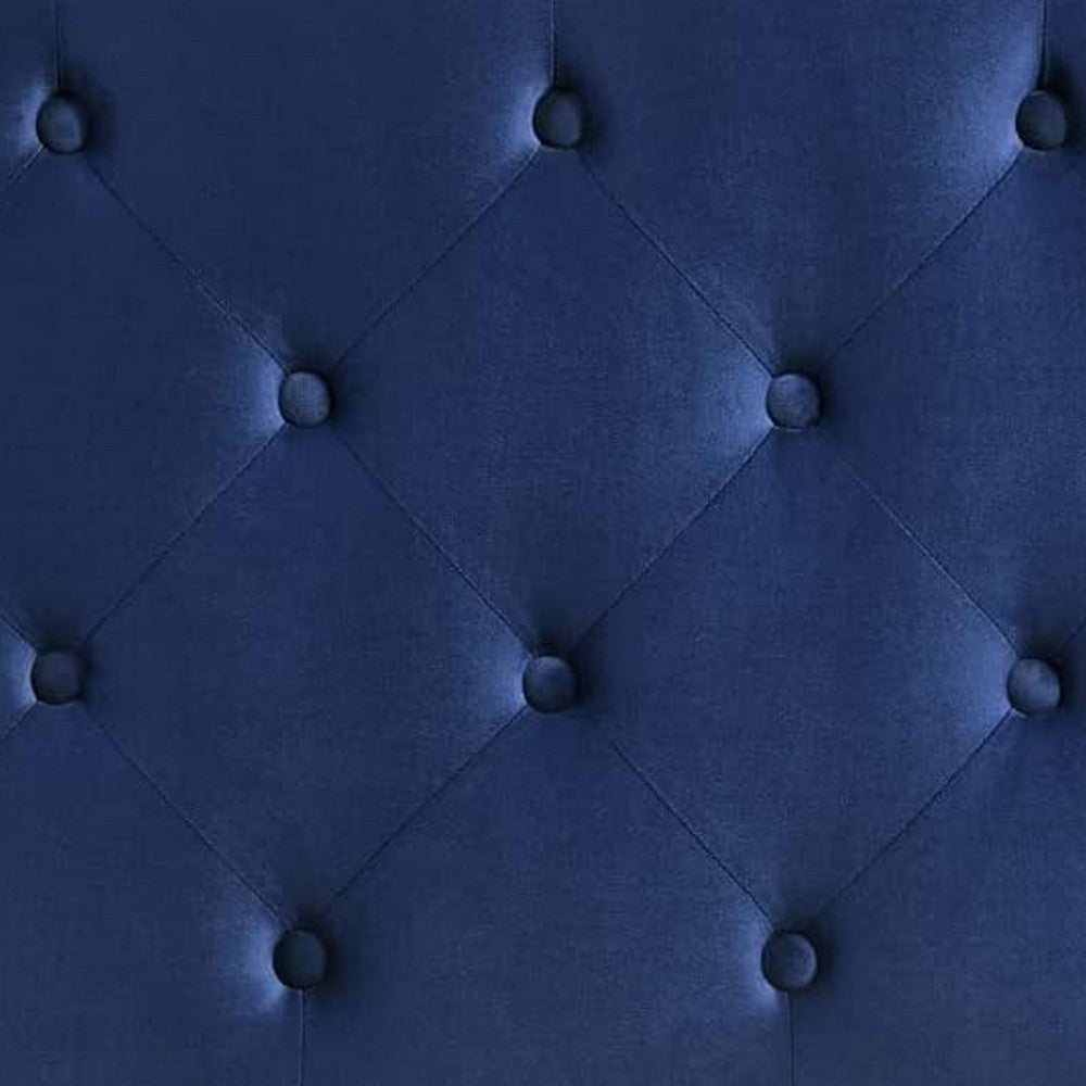 Benjara Agapi King Size Bed, Button Tufted, Nailhead Trim, Blue Fabric Upholstery