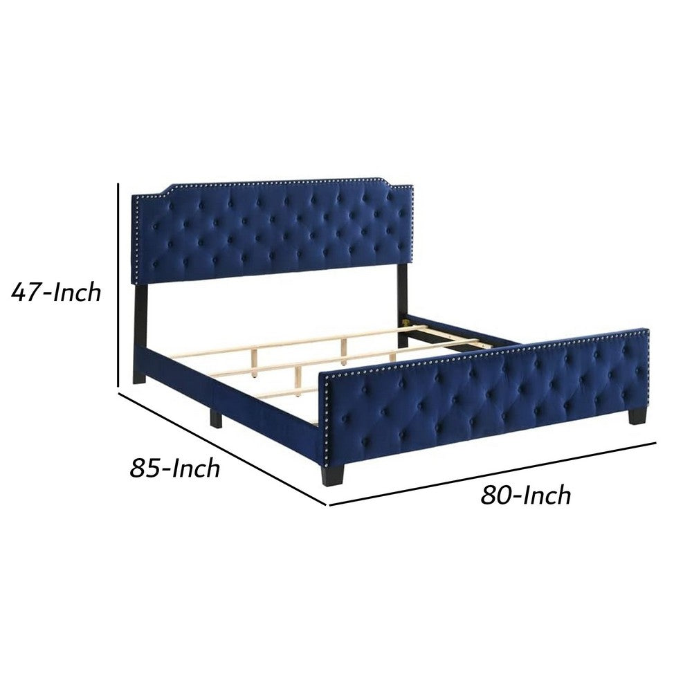 Benjara Agapi King Size Bed, Button Tufted, Nailhead Trim, Blue Fabric Upholstery