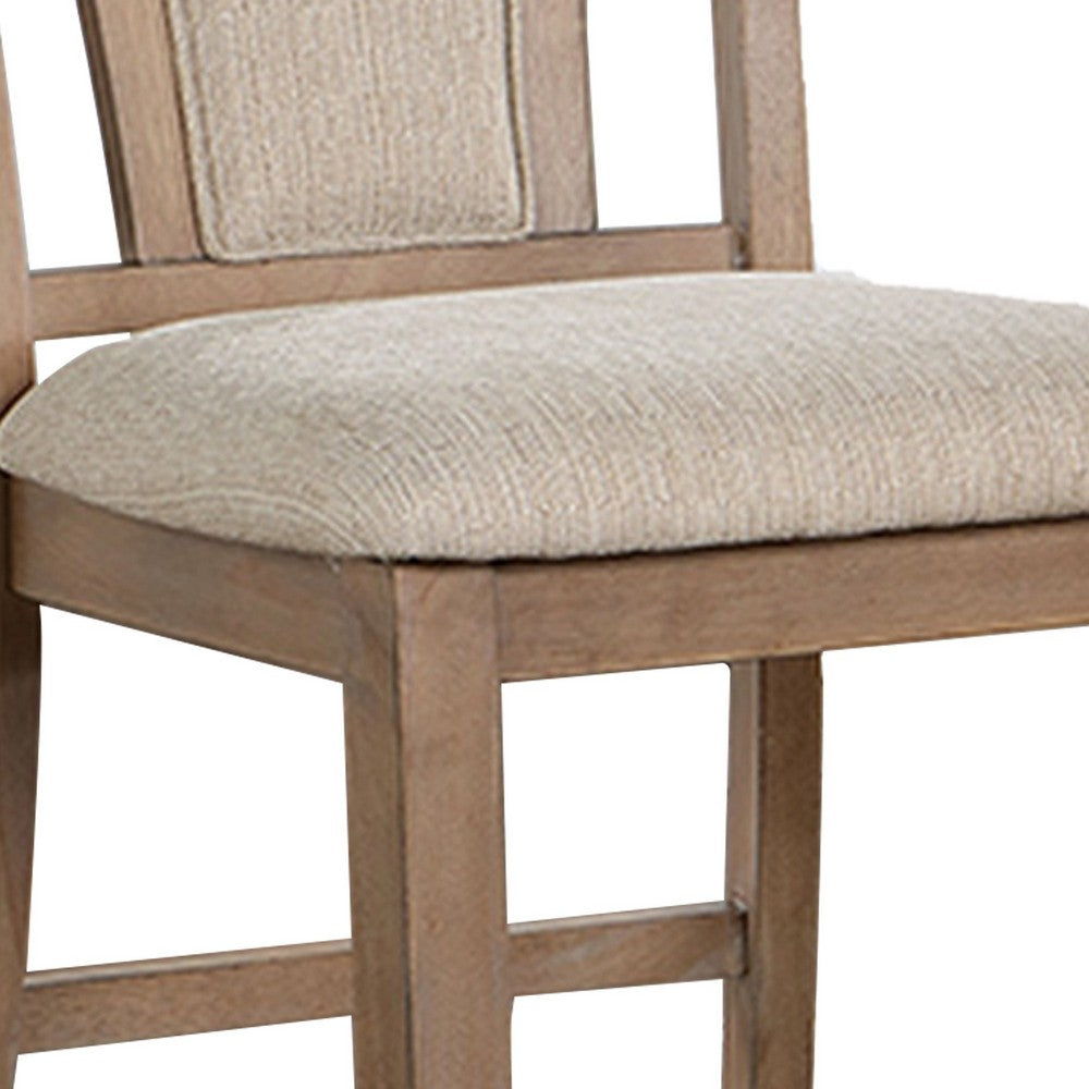 Benjara Mana 26 Inch Counter Height Chair, Set of 2, Beige Fabric, Brown Frame