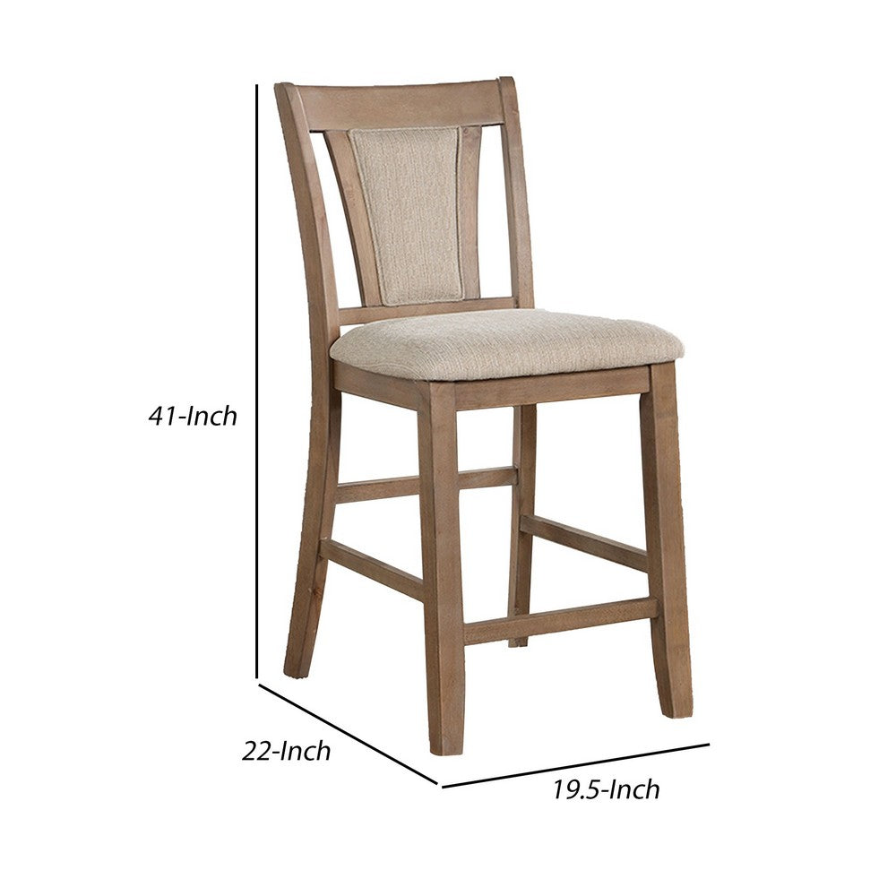 Benjara Mana 26 Inch Counter Height Chair, Set of 2, Beige Fabric, Brown Frame