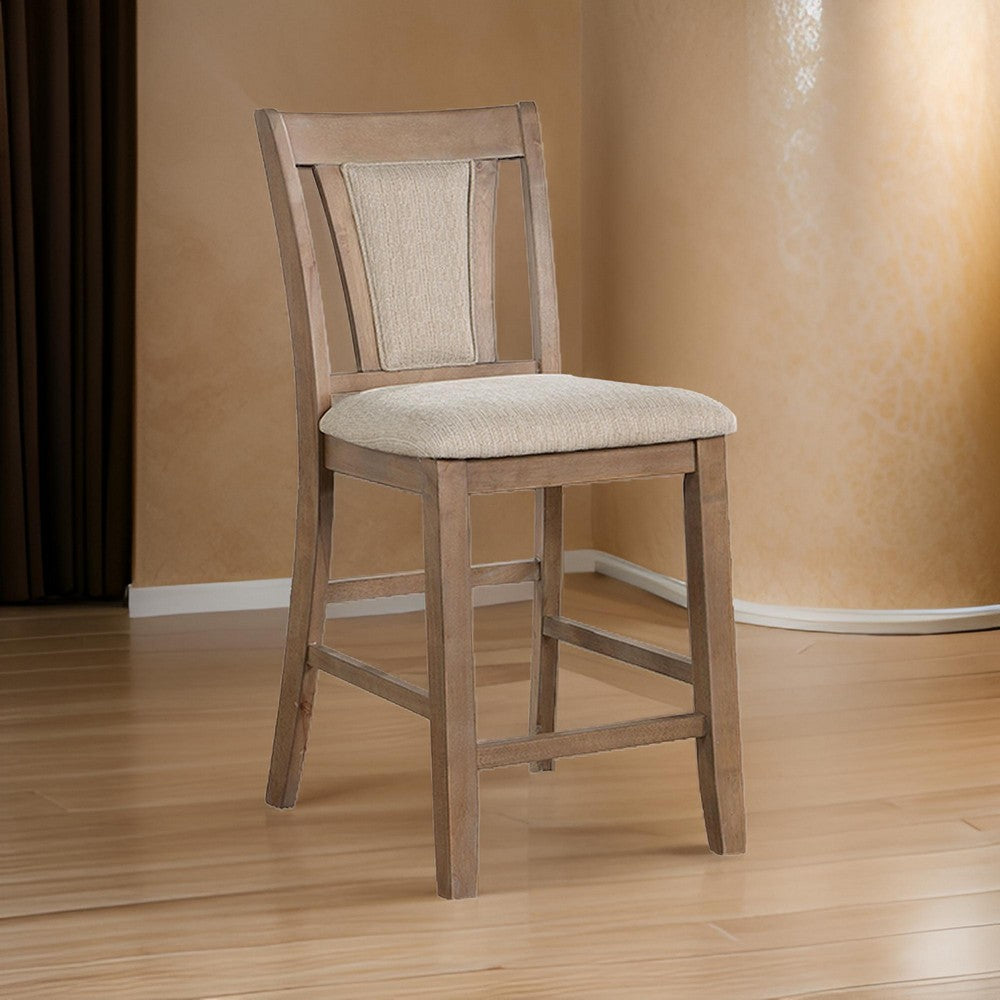 Benjara Mana 26 Inch Counter Height Chair, Set of 2, Beige Fabric, Brown Frame