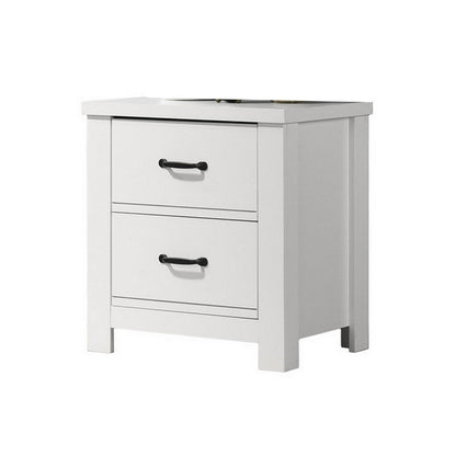 Benjara Jermy 22 Inch Nightstand, 2 Drawers, Black Handles, Crisp White Finish
