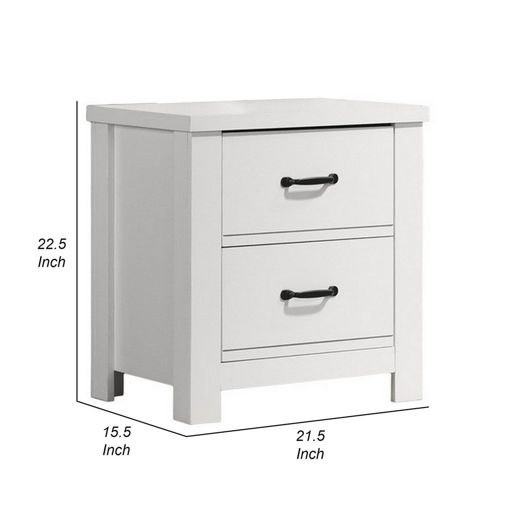 Benjara Jermy 22 Inch Nightstand, 2 Drawers, Black Handles, Crisp White Finish