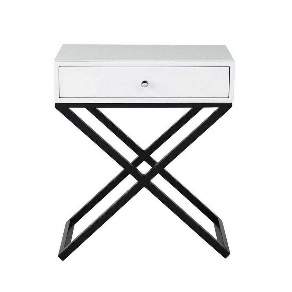 Benjara Zeno 27 Inch 1 Drawer Nightstand, Glass Top, Black Metal Cross Legs, White