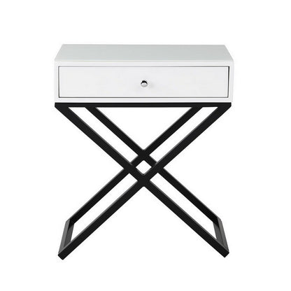 Benjara Zeno 27 Inch 1 Drawer Nightstand, Glass Top, Black Metal Cross Legs, White