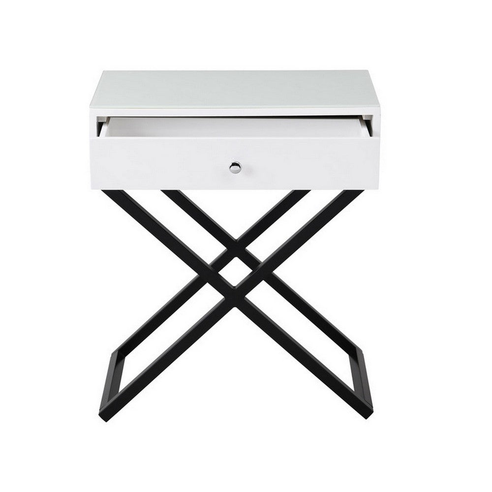 Benjara Zeno 27 Inch 1 Drawer Nightstand, Glass Top, Black Metal Cross Legs, White