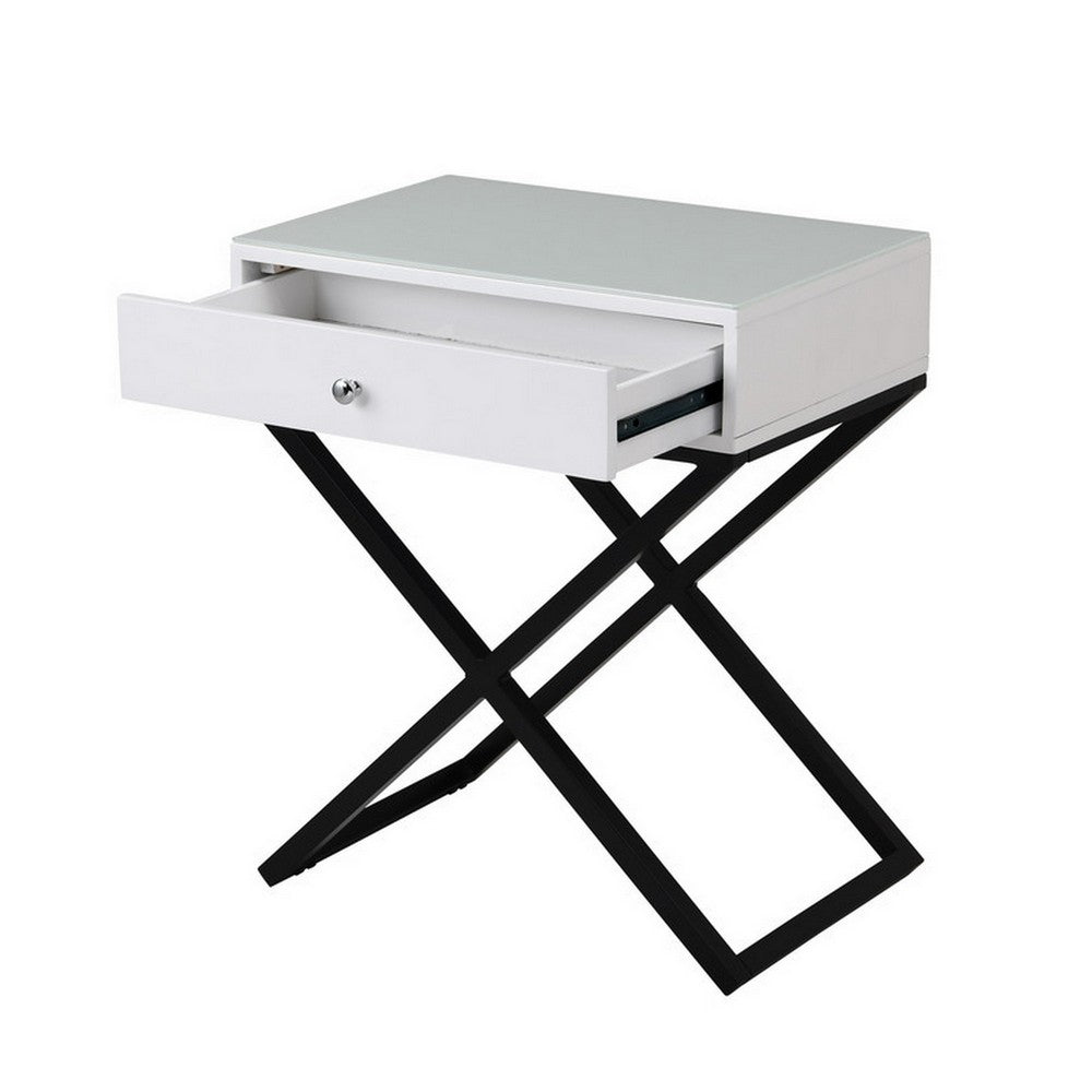 Benjara Zeno 27 Inch 1 Drawer Nightstand, Glass Top, Black Metal Cross Legs, White