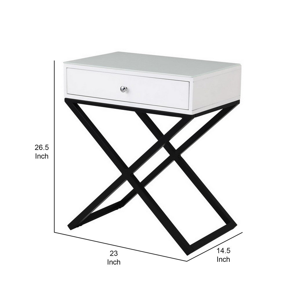 Benjara Zeno 27 Inch 1 Drawer Nightstand, Glass Top, Black Metal Cross Legs, White