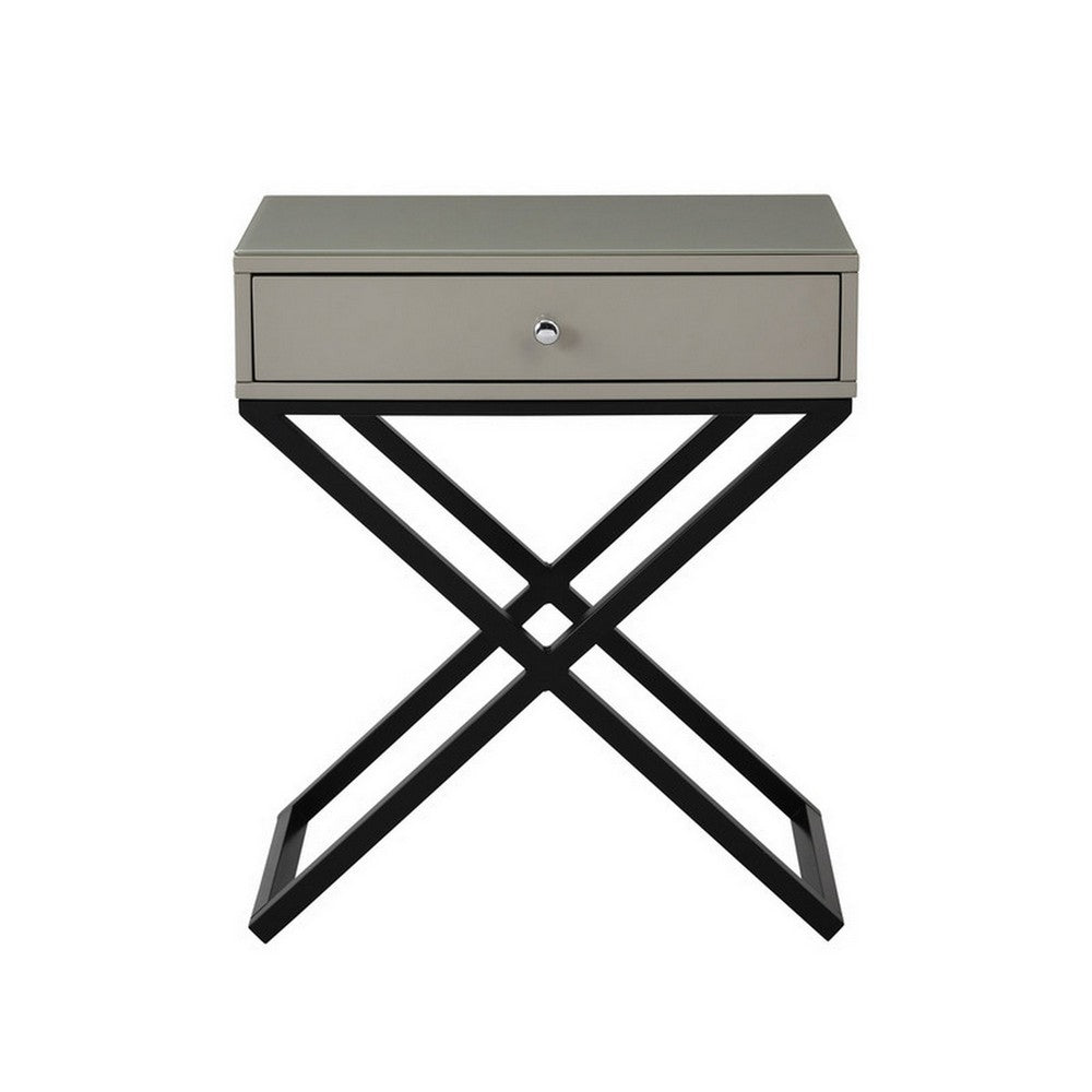 Benjara Zeno 27 Inch 1 Drawer Nightstand, Glass Top, Black Metal Cross Legs, Taupe