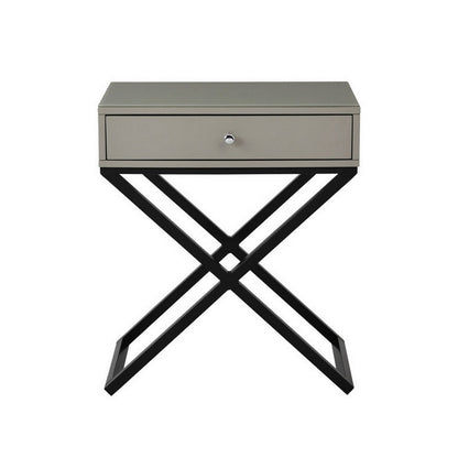 Benjara Zeno 27 Inch 1 Drawer Nightstand, Glass Top, Black Metal Cross Legs, Taupe