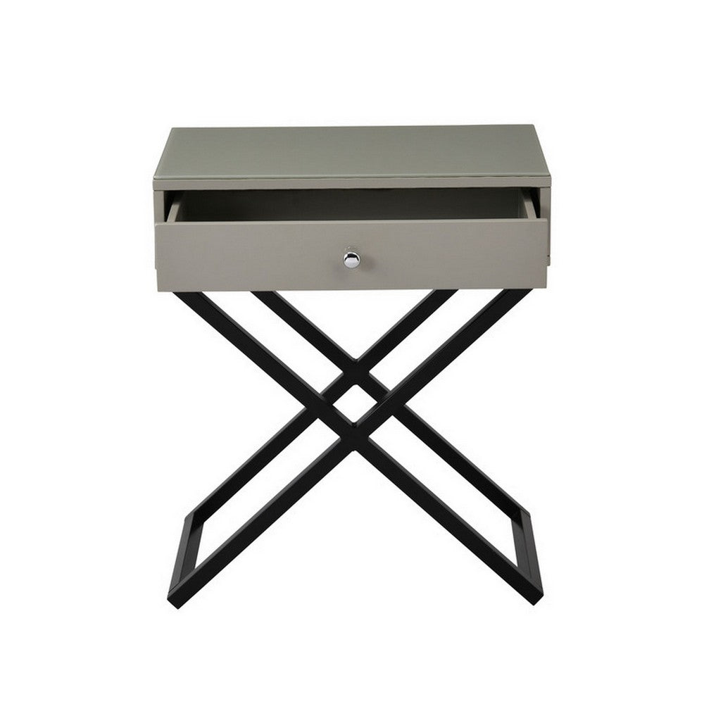 Benjara Zeno 27 Inch 1 Drawer Nightstand, Glass Top, Black Metal Cross Legs, Taupe