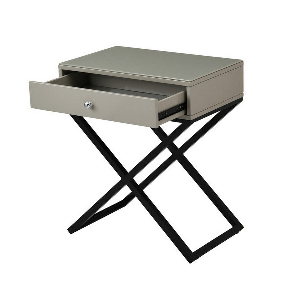 Benjara Zeno 27 Inch 1 Drawer Nightstand, Glass Top, Black Metal Cross Legs, Taupe