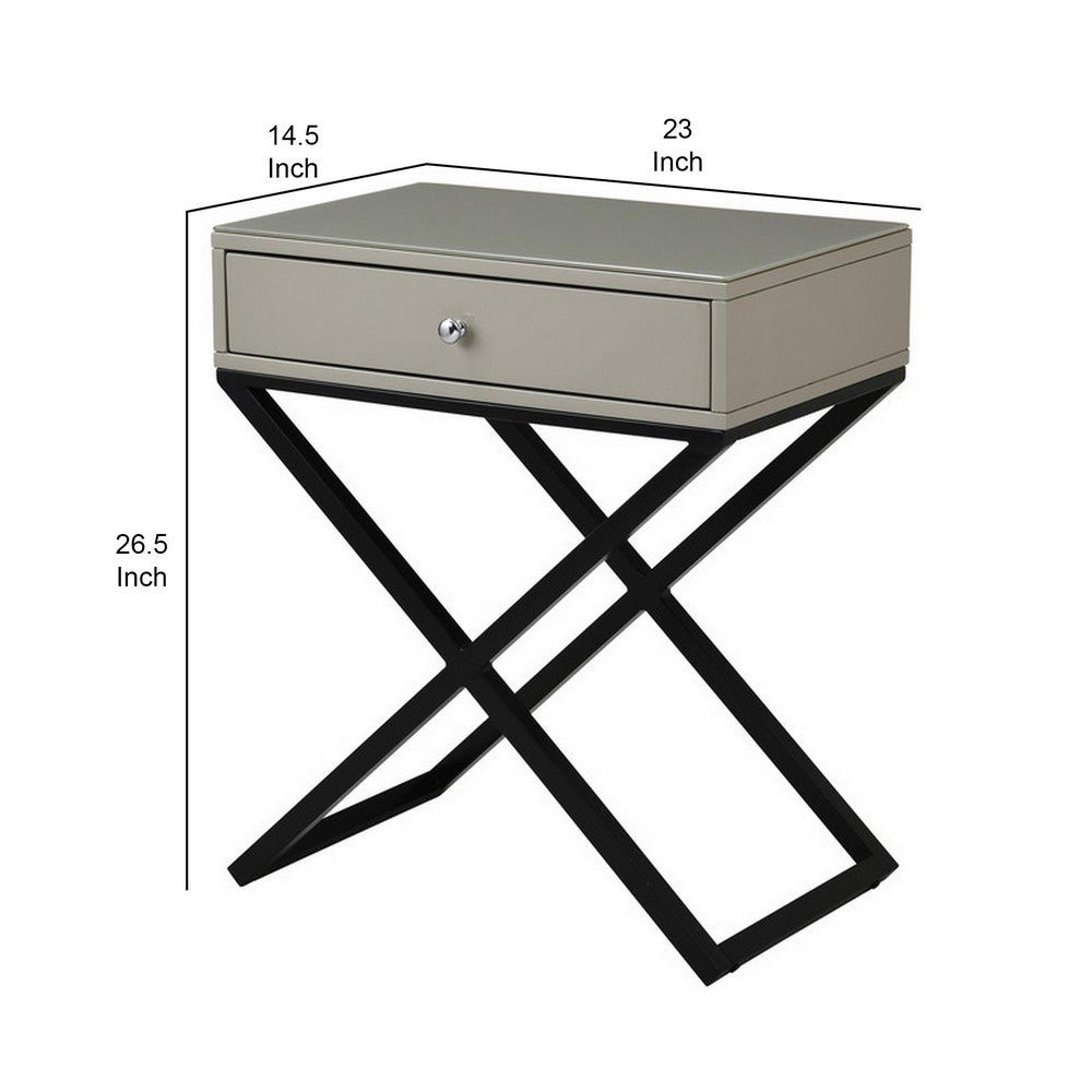 Benjara Zeno 27 Inch 1 Drawer Nightstand, Glass Top, Black Metal Cross Legs, Taupe