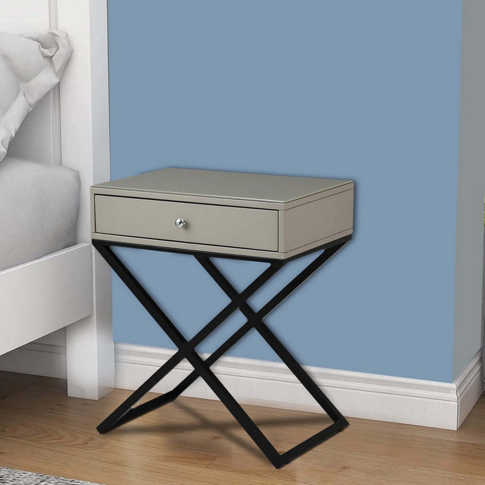 Benjara Zeno 27 Inch 1 Drawer Nightstand, Glass Top, Black Metal Cross Legs, Taupe