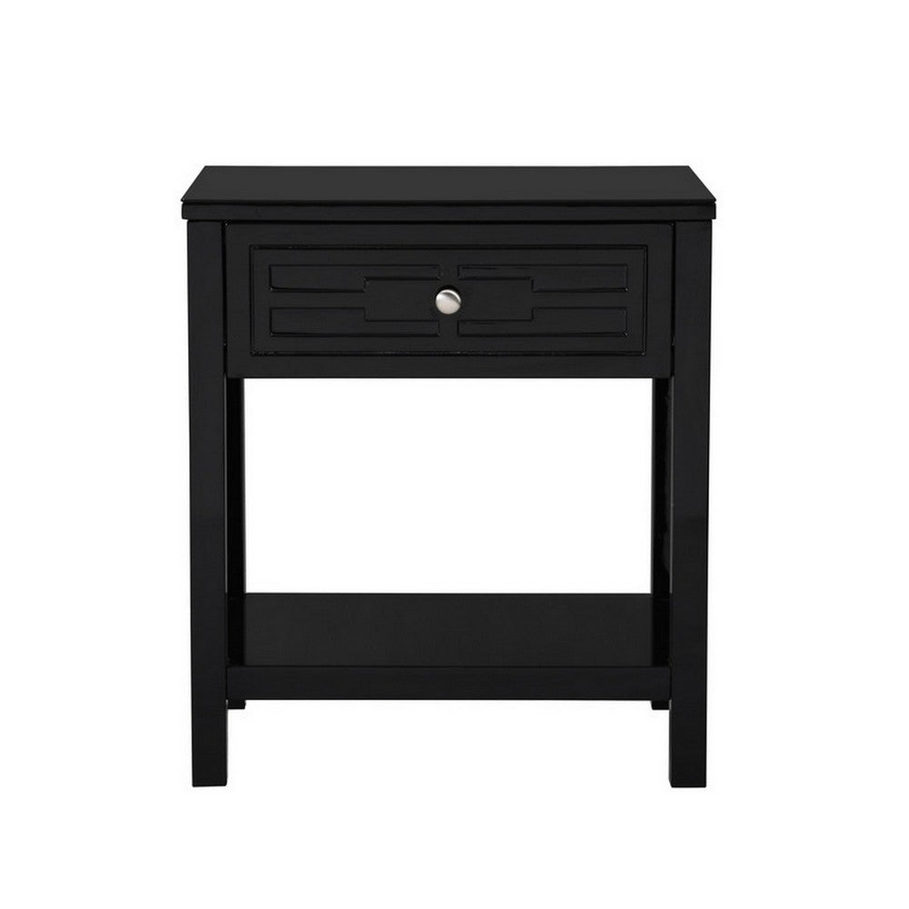 Benjara Fimo 27 Inch Nightstand with Drawer And Shelf, Glass Top, Modern Black Wood
